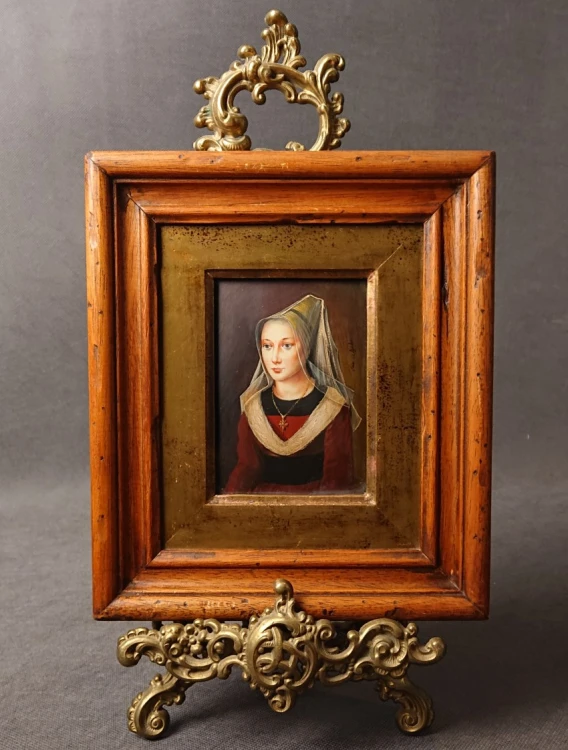 Obraz olejny Ida Calzolari Portret renesansowej damy w welonie miniatura w drewnianej ramie