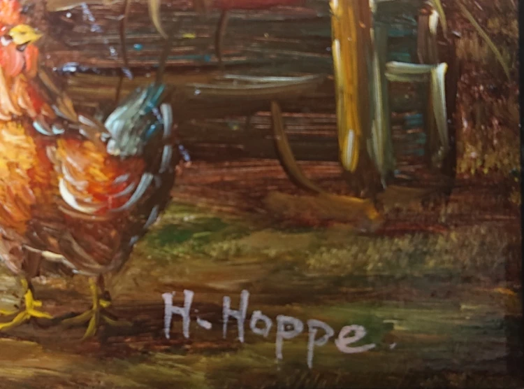 Odręczna sygnatura autorska H Hoppe w prawym dolnym narożniku obrazu olejnego