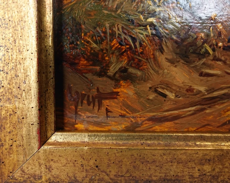 Zbliżenie na odręczną sygnaturę autorską w lewym dolnym narożniku obrazu olejnego