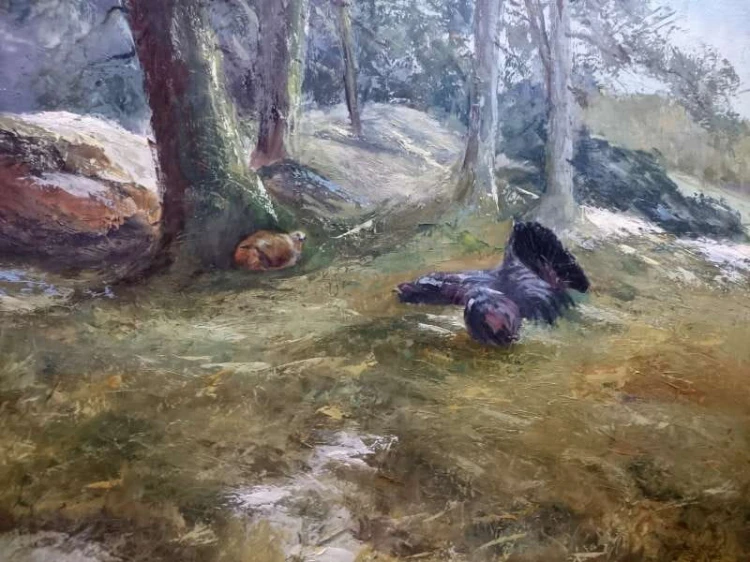 Obraz olejny Wilhelm SCHUSTERS potyczka Głuszec i Łasica