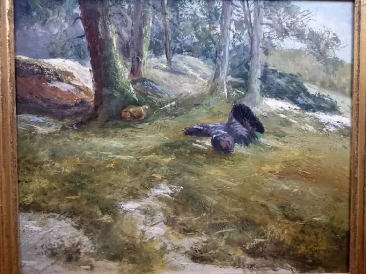 Obraz olejny Wilhelm SCHUSTERS potyczka Głuszec i Łasica