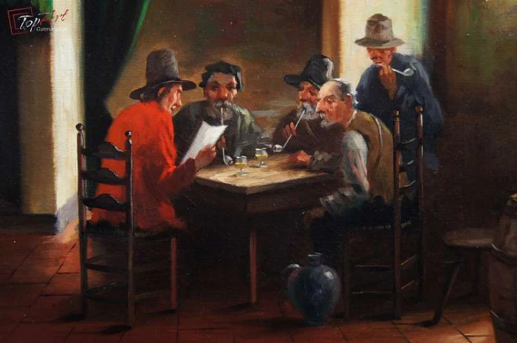 Stary obraz Klaus Bergen Dysputy przy stole