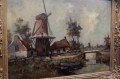 Stary obraz Hans Lenteman Holenderski krajobraz z Wiatrakiem 
