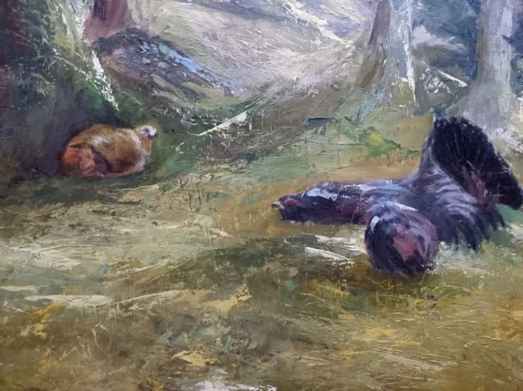 Obraz olejny Wilhelm SCHUSTERS potyczka Głuszec i Łasica