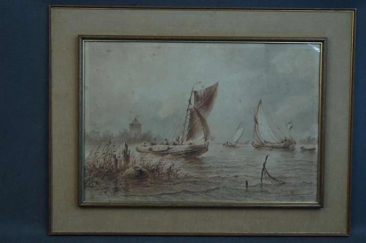 Johannes Hilverdink rybacy w łodziach akwarela 1853 !!!