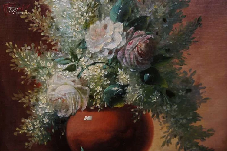 Stary obraz R. Thiele bukiet kwiatów 19 wiek 