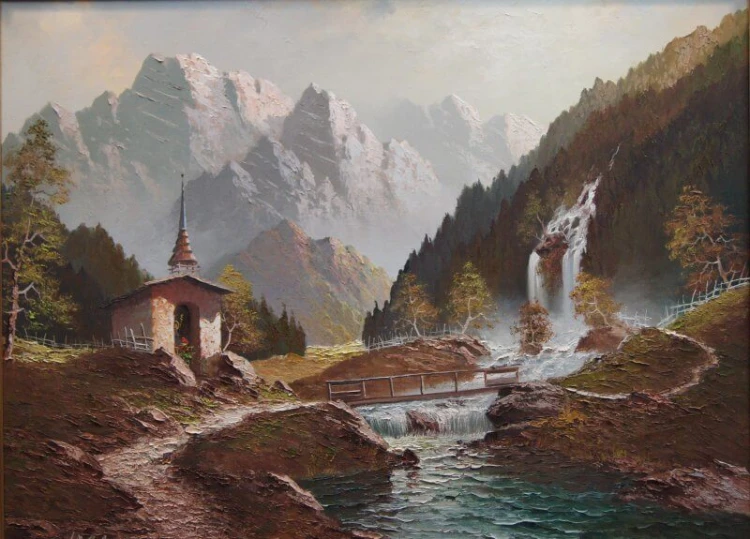 Górski wodospad w Pitztal malarstwo szpachlowe Gustav Weis