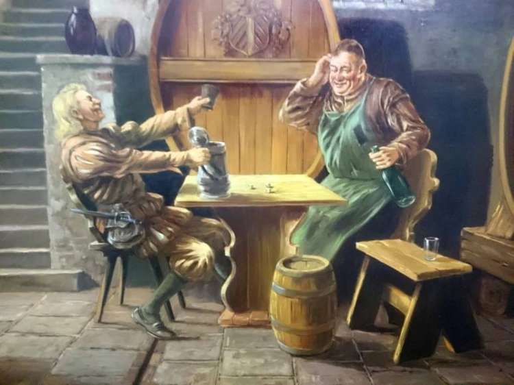Obraz olejny Jurgen Winter U mnicha wino i kości