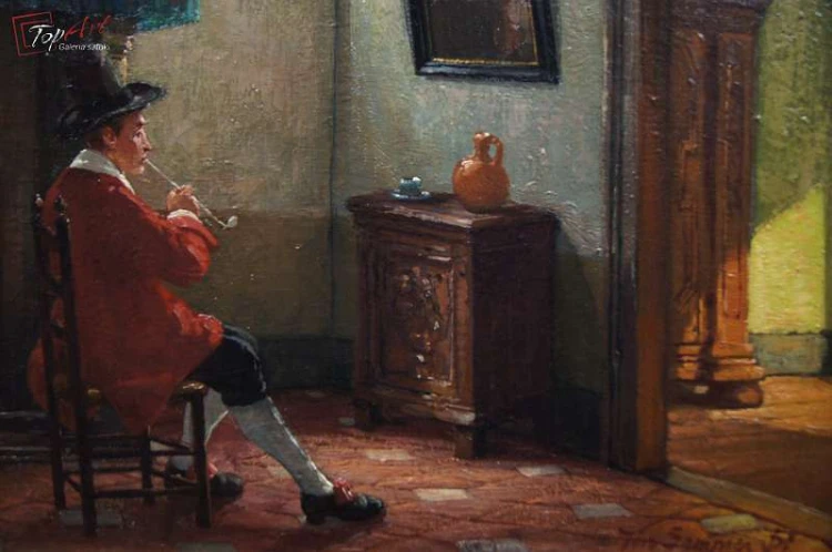 Stary obraz Scena we wnętrzu Jörg Sommer ur.1881r 