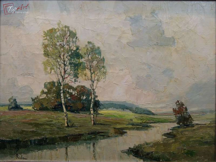 Obraz Olejny Rudolf Priebe Pejzaż z Brzozami