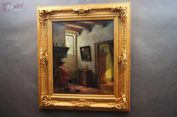 Stary obraz Scena we wnętrzu Jörg Sommer ur.1881r 