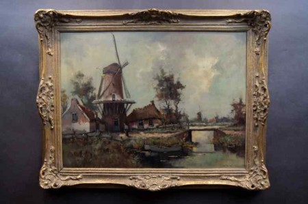 Stary obraz Hans Lenteman Holenderski krajobraz z Wiatrakiem 
