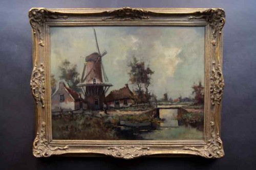 Stary obraz Hans Lenteman Holenderski krajobraz z Wiatrakiem 