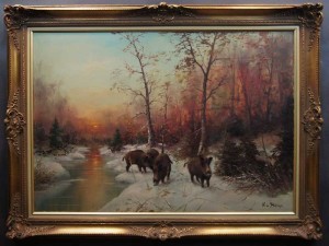 Wataha dzików piękny stary obraz W. v. Kamp