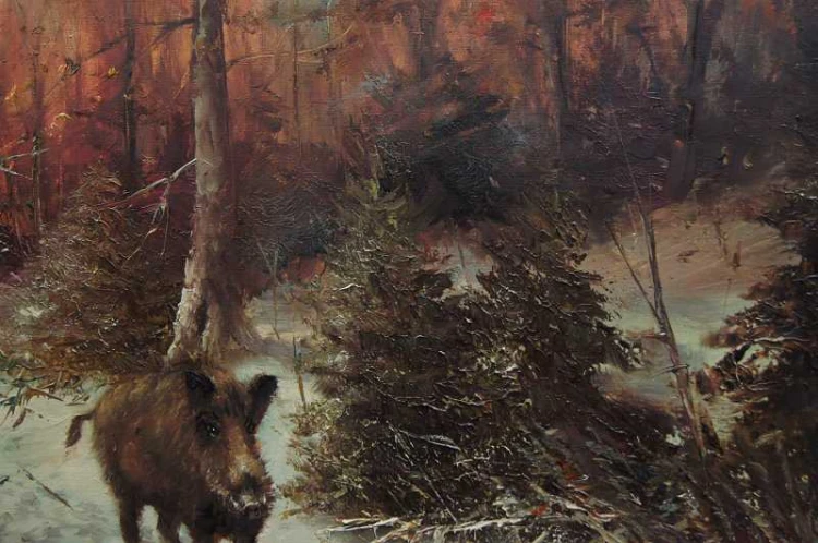 Wataha dzików piękny stary obraz W. v. Kamp