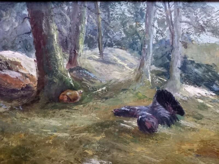 Obraz olejny Wilhelm SCHUSTERS potyczka Głuszec i Łasica