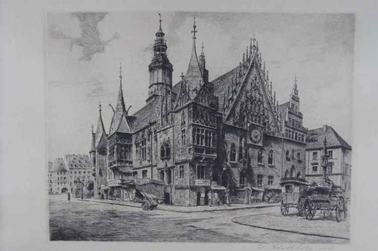 Wrocław Ratusz Helma Fischer- Oels akwaforta