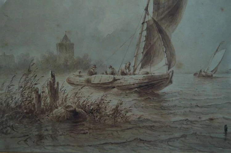 Johannes Hilverdink rybacy w łodziach akwarela 1853 !!!