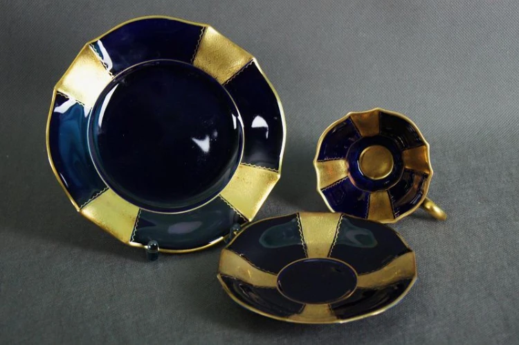 Porcelana Lindner zestaw śniadaniowy kobalt złoto Polecam !!!