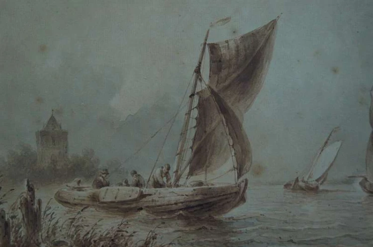 Johannes Hilverdink rybacy w łodziach akwarela 1853 !!!