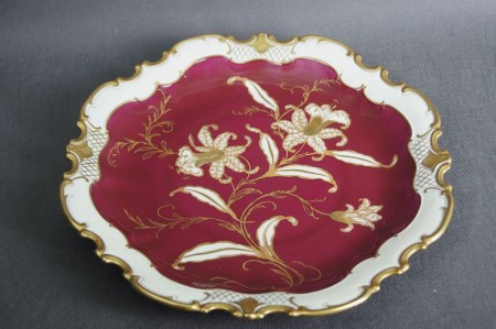 Porcelana Reichenbach burgundowa piękna duża złocona patera