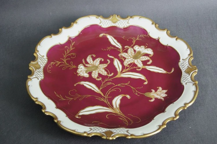 Porcelana Reichenbach burgundowa piękna duża złocona patera