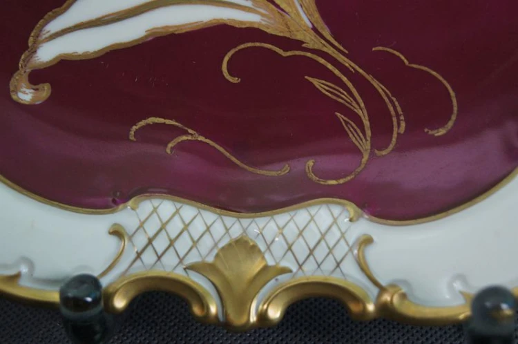 Porcelana Reichenbach burgundowa piękna duża złocona patera