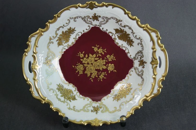 Porcelana Reichenbach złoto burgundowa patera