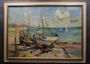 Znakomite malarstwo szpachlowe Kutry na brzegu obraz olejny