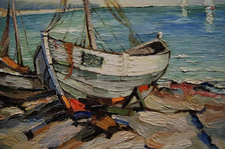 Znakomite malarstwo szpachlowe Kutry na brzegu obraz olejny