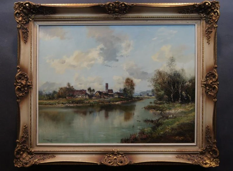 Pejzaż z nad rzeki atrakcyjny obraz olejny H. Michaelis