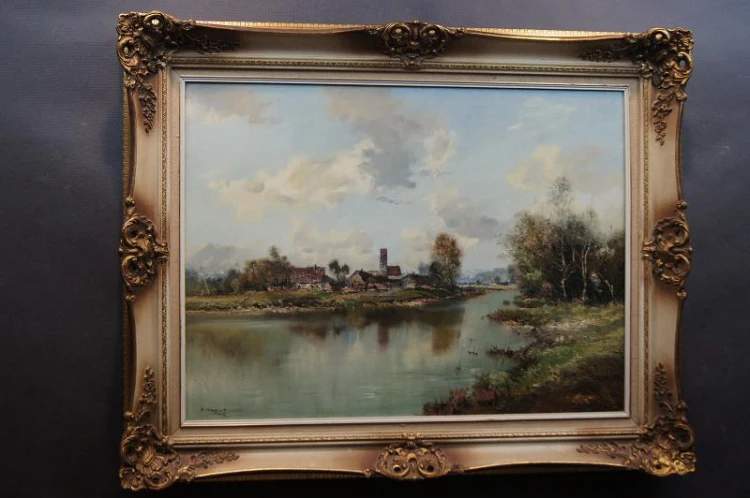 Pejzaż z nad rzeki atrakcyjny obraz olejny H. Michaelis