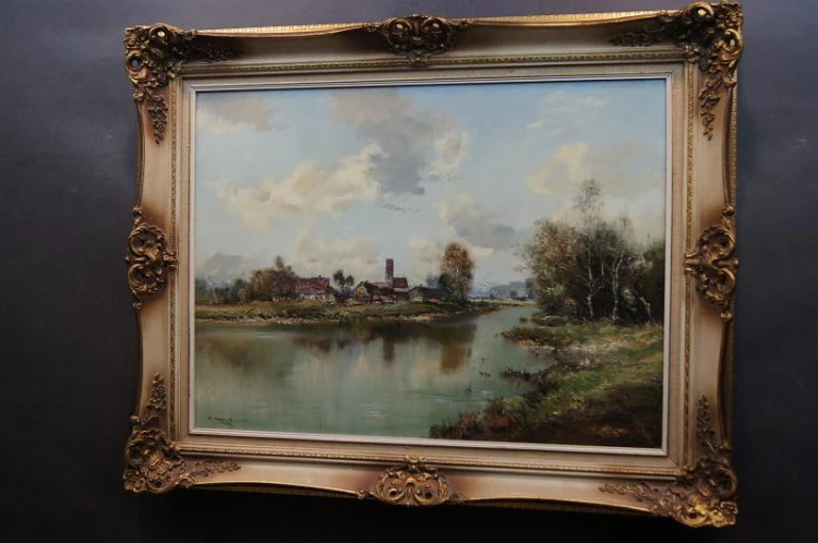 Pejzaż z nad rzeki atrakcyjny obraz olejny H. Michaelis