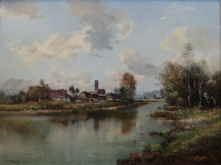 Pejzaż z nad rzeki atrakcyjny obraz olejny H. Michaelis