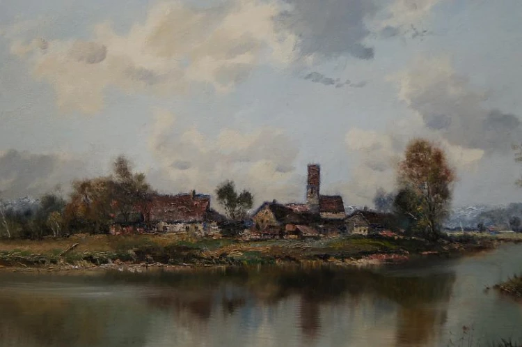 Pejzaż z nad rzeki atrakcyjny obraz olejny H. Michaelis