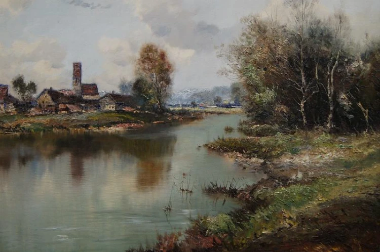 Pejzaż z nad rzeki atrakcyjny obraz olejny H. Michaelis