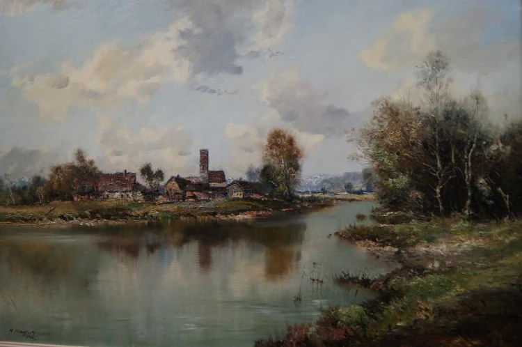 Pejzaż z nad rzeki atrakcyjny obraz olejny H. Michaelis