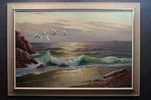 Panoramiczny obraz lecące łabędzie nad brzegiem morza Gustav Weiss