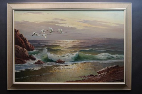 Panoramiczny obraz lecące łabędzie nad brzegiem morza Gustav Weiss