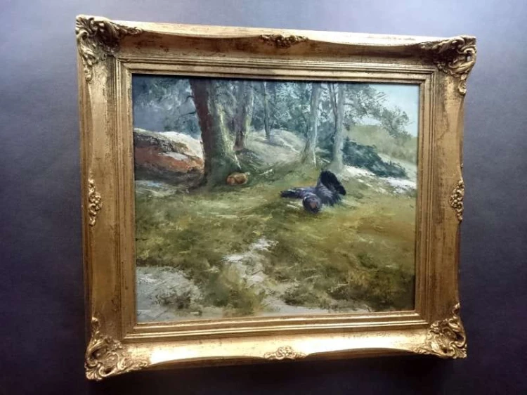 Obraz olejny Wilhelm SCHUSTERS potyczka Głuszec i Łasica