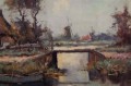 Stary obraz Hans Lenteman Holenderski krajobraz z Wiatrakiem 