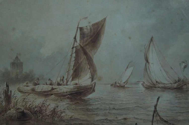 Johannes Hilverdink rybacy w łodziach akwarela 1853 !!!