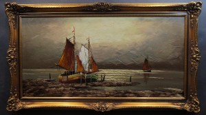 Obraz łodzie rybackie na redzie o zachodzie słońca