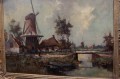 Stary obraz Hans Lenteman Holenderski krajobraz z Wiatrakiem 