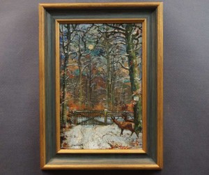 Stary obraz olejny  Sarny zimową nocą Schadensack