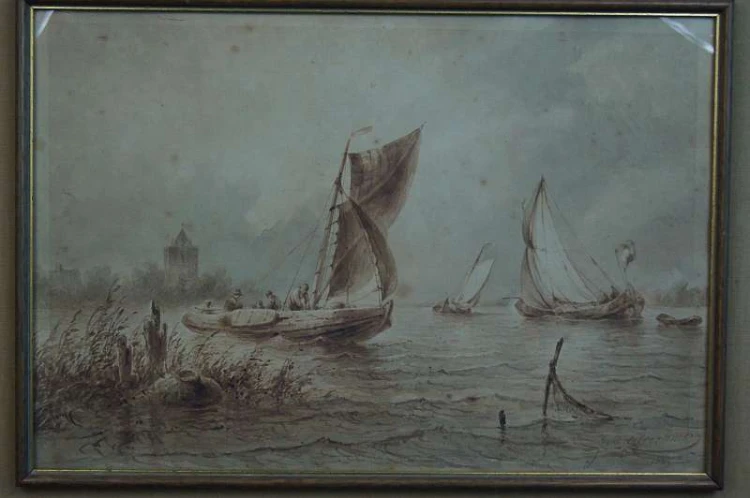 Johannes Hilverdink rybacy w łodziach akwarela 1853 !!!