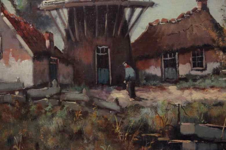 Stary obraz Hans Lenteman Holenderski krajobraz z Wiatrakiem 