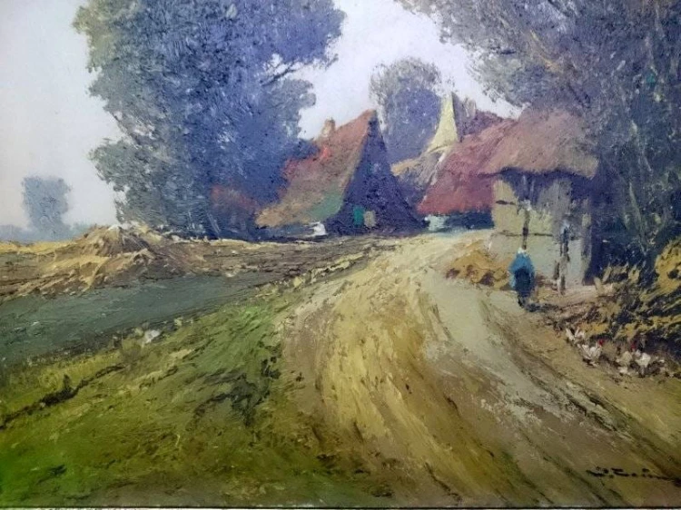 Obraz olejny Jean Coune WIEJSKI KRAJOBRAZ Z KURAMI