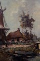 Stary obraz Hans Lenteman Holenderski krajobraz z Wiatrakiem 