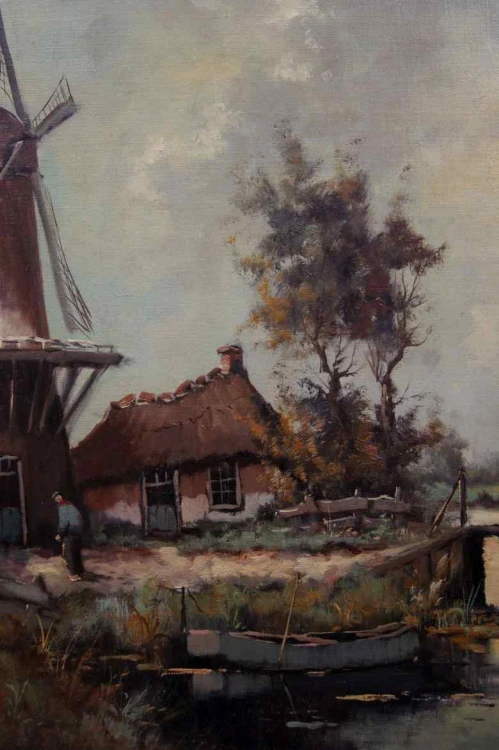 Stary obraz Hans Lenteman Holenderski krajobraz z Wiatrakiem 